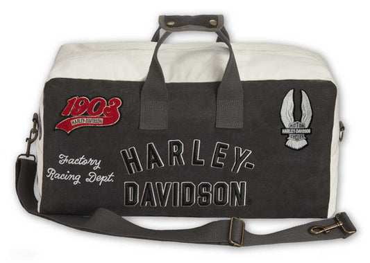 Borsa da viaggio vintage Harley-Davidson® con toppe e loghi multipli, in tela resistente Articolo n. 92448-VARSITY