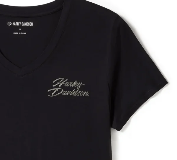 Women's Rose & Thorn Bling V Neck Tee - Harley Black