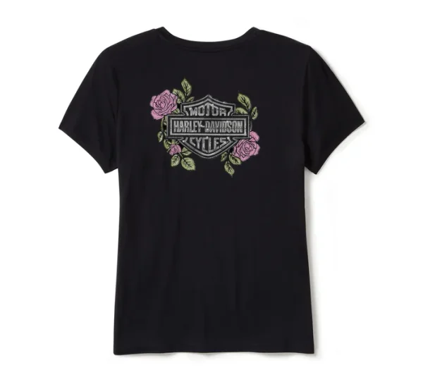 Women's Rose & Thorn Bling V Neck Tee - Harley Black
