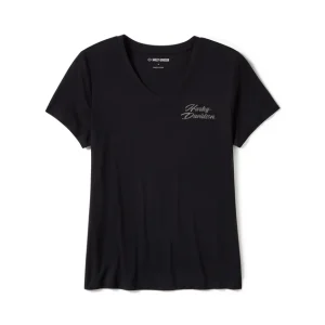 Women's Rose & Thorn Bling V Neck Tee - Harley Black