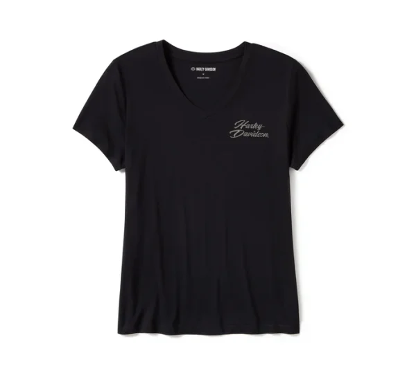 Women's Rose & Thorn Bling V Neck Tee - Harley Black