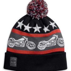 Harley-Davidson® Men's Retro Cuffed Pom Pom Knit Beanie Cap, Black
