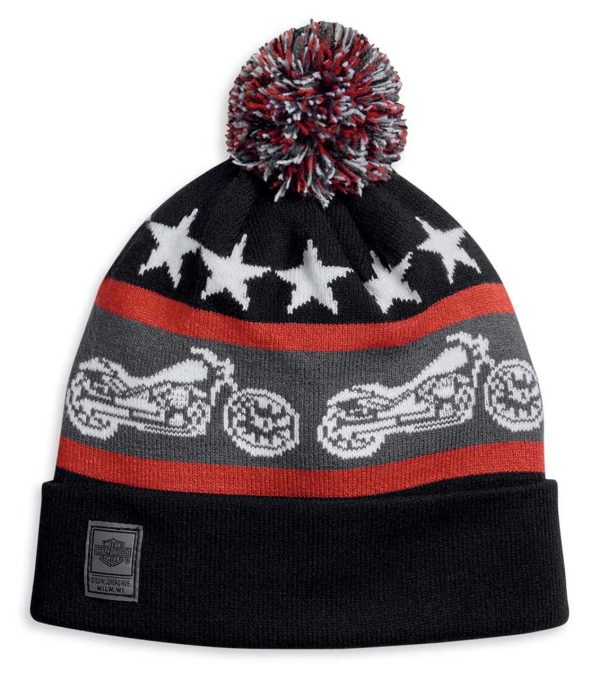 Harley-Davidson® Men's Retro Cuffed Pom Pom Knit Beanie Cap, Black