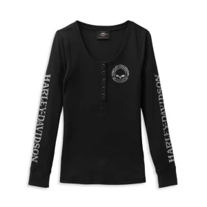 Women's Willie G Skull Snap Front Long Sleeve Henley - Black Beauty