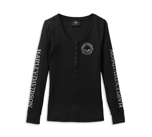 Women's Willie G Skull Snap Front Long Sleeve Henley - Black Beauty