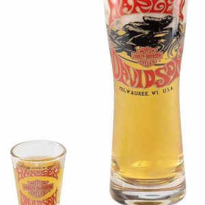 Harley-Davidson® 1970s Racer Pilsner & Shot Glass Gift Set con sottobicchiere di latta abbinato