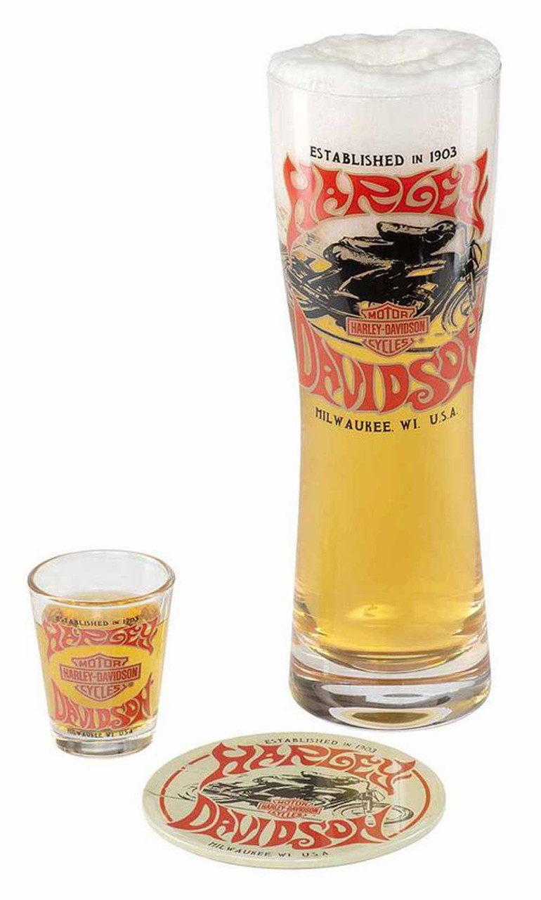 Harley-Davidson® 1970s Racer Pilsner & Shot Glass Gift Set con sottobicchiere di latta abbinato - immagine 1