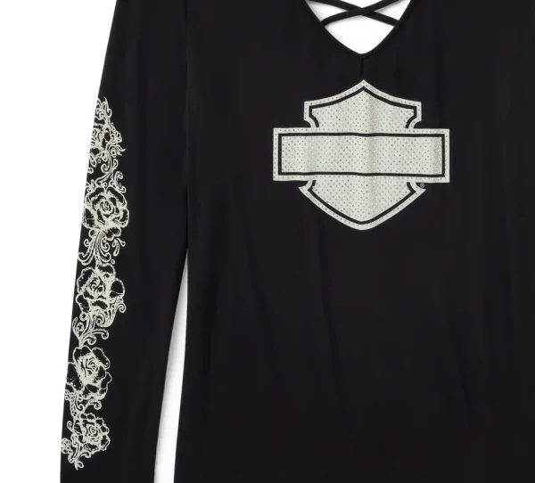 T-shirt da donna Bling Chrome & Roses a maniche lunghe con pizzi e scollo a V - Harley Black