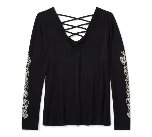 T-shirt da donna Bling Chrome & Roses a maniche lunghe con pizzi e scollo a V - Harley Black