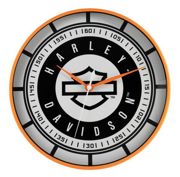 Harley-Davidson® Open Bar & Shield Logo Tachimetro Clock in metallo, arancione