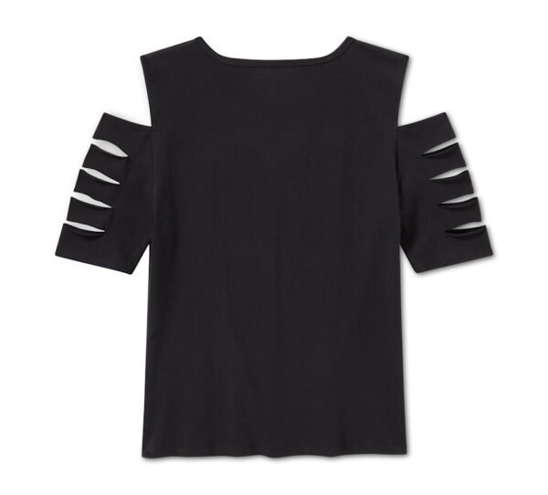 Maglietta da donna Bling Rally con scollo a V e spalle scoperte, effetto strappato e riparato.