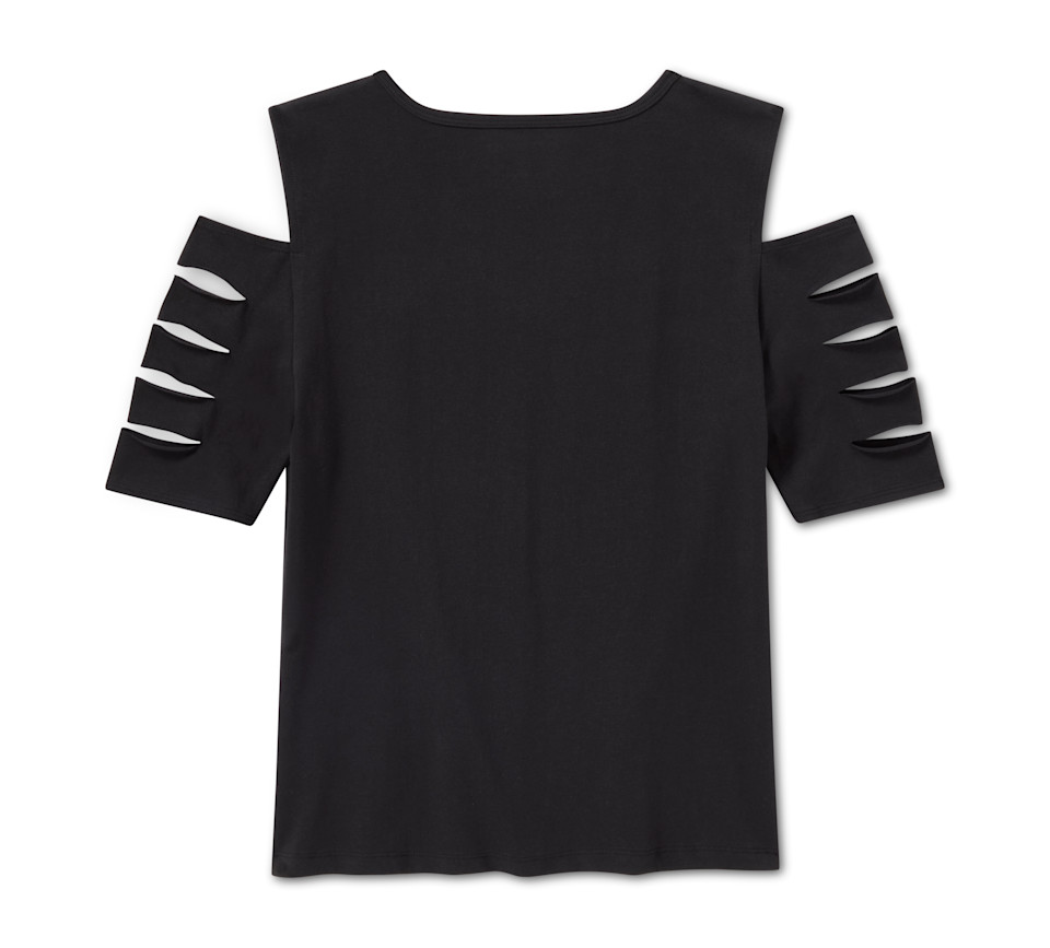 Maglietta da donna Bling Rally con scollo a V e spalle scoperte, effetto strappato e riparato. - immagine 2